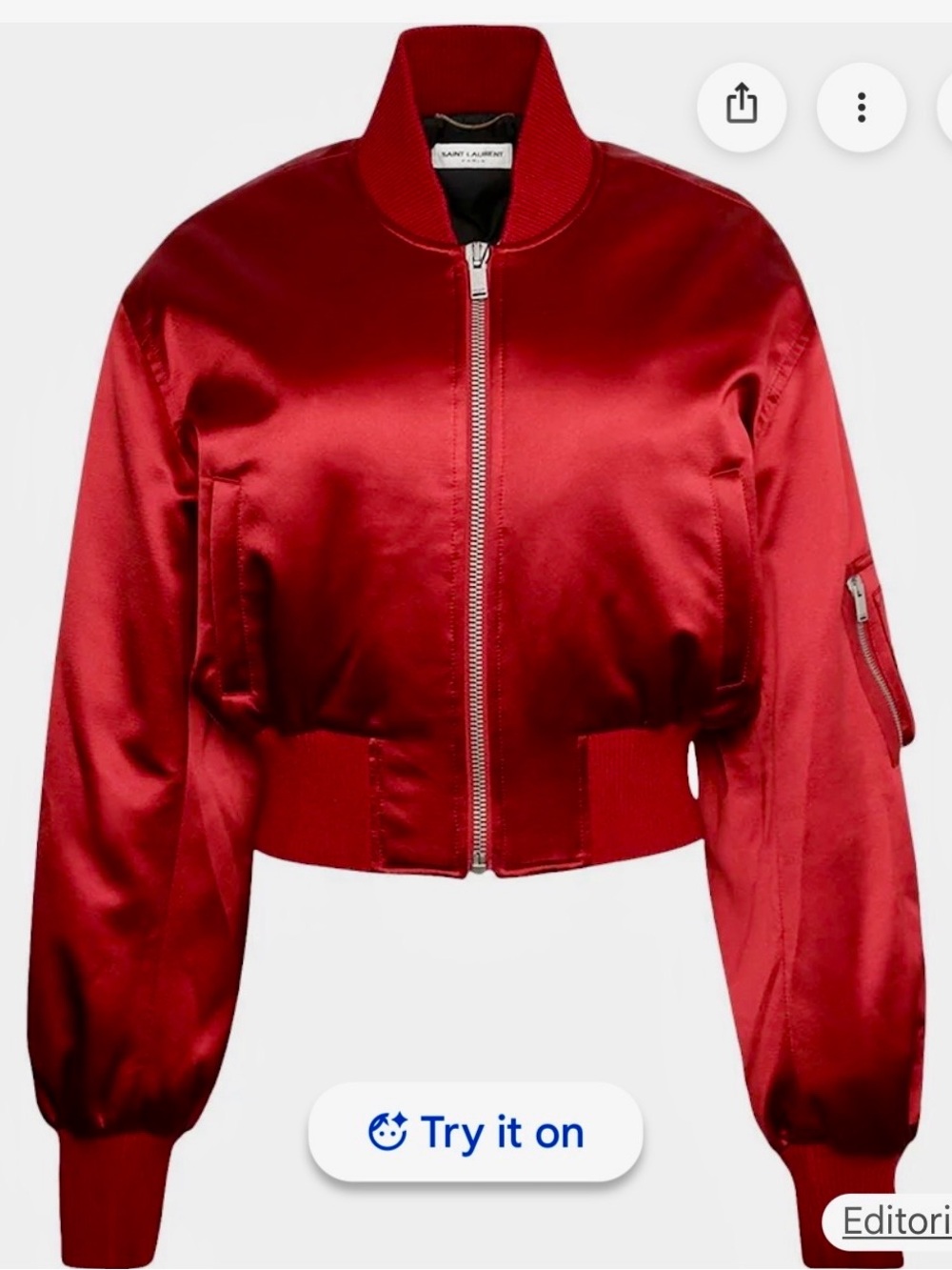 Saint Laurent Red Satin Cropped Bomber with Silver Zip. Never worn